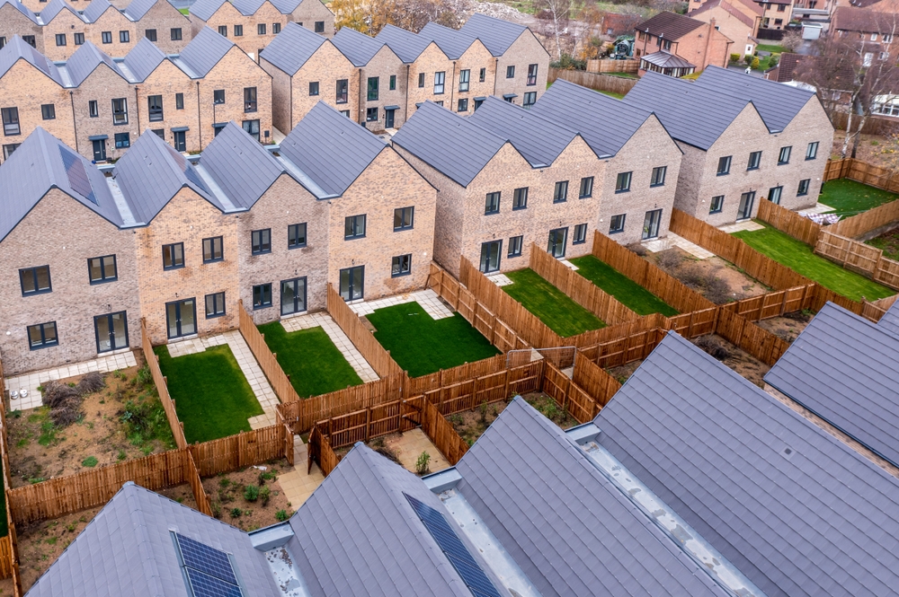 Aerial,View,Of,Rows,Of,New,Build,Modular,Terraced,Houses